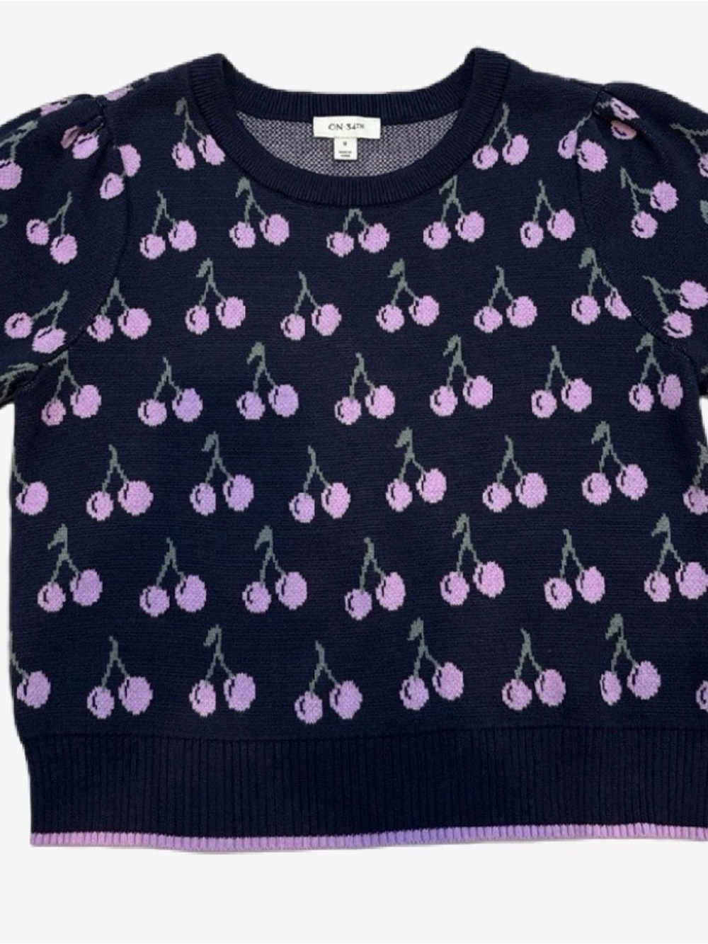 Cherry Season- Navy Blue Crewneck Sweater with Lavender Cherry Print